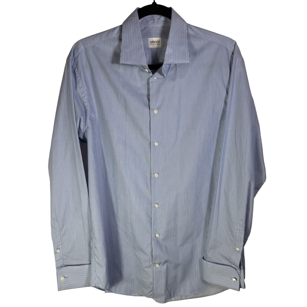 Armani Collezioni Blue White Striped Cotton French Cuff Dress Shirt 15.5 R